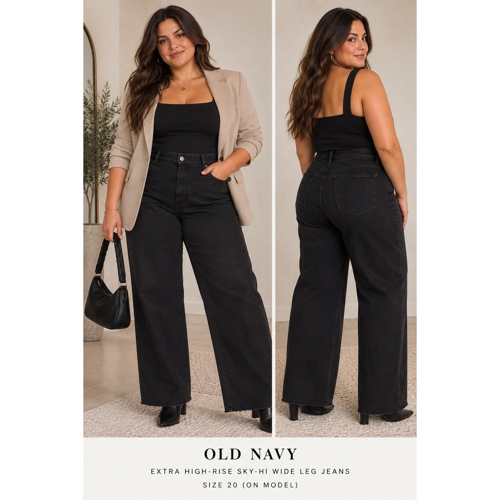 New Old Navy Womens 20 Sky Hi Wide Leg Jeans Extra High Rise Black Raw Hem